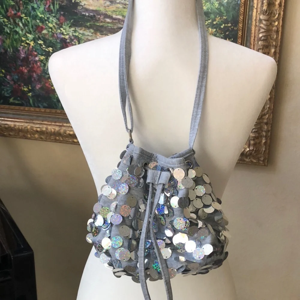 Justice Girls Heather Gray w Silver Sequin Hobo Bag Purse Lined Adjustable Strap
